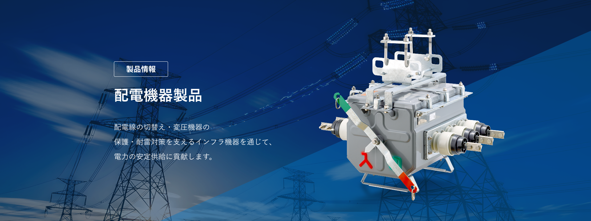 エナジーサポート　製品情報　配電機器製品　配電線の切替え・変圧機器の保護・耐雷対策を支えるインフラ機器を通じて、電力の安定供給に貢献します。